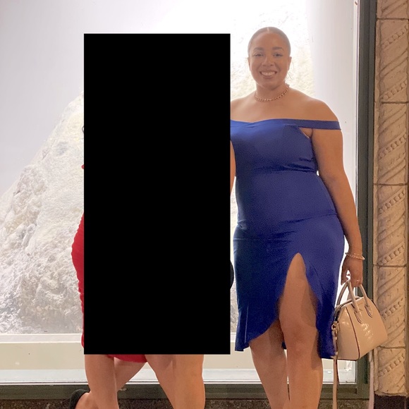 SHEIN SXY Bardot Split Thigh Ruffle Hem Bodycon Dress  xL/12 royal blue - Picture 6 of 6